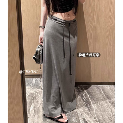 孕妇半身裙夏季薄款外穿2025新款宽松显瘦抽绳无托腹开叉直筒长裙