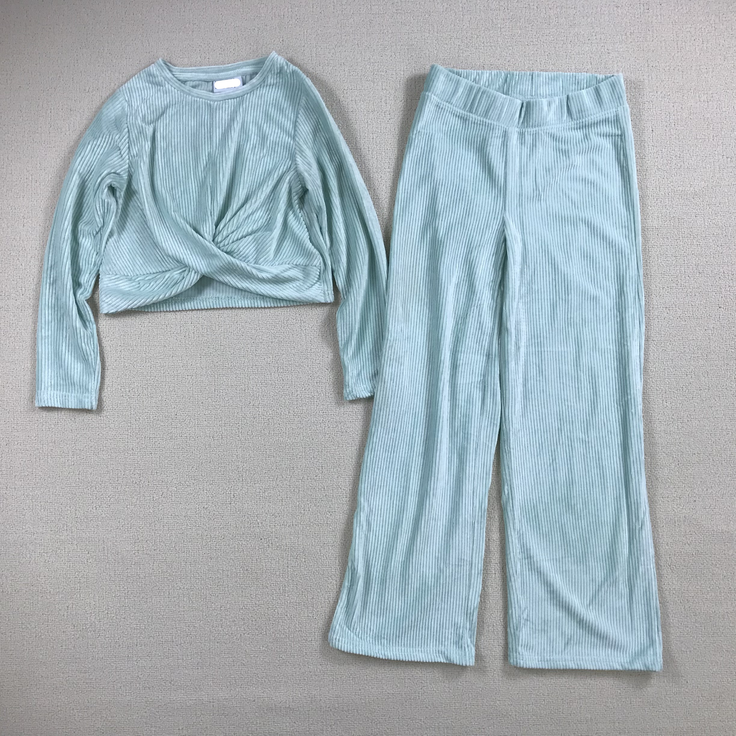 128-164外贸童装女孩中大童套头短款长袖上衣松紧腰阔腿裤分开售