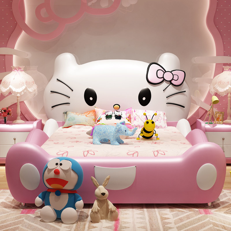 公主床粉色少女孩KT猫咪带护栏宝宝床单人真皮HelloKitty猫儿童床