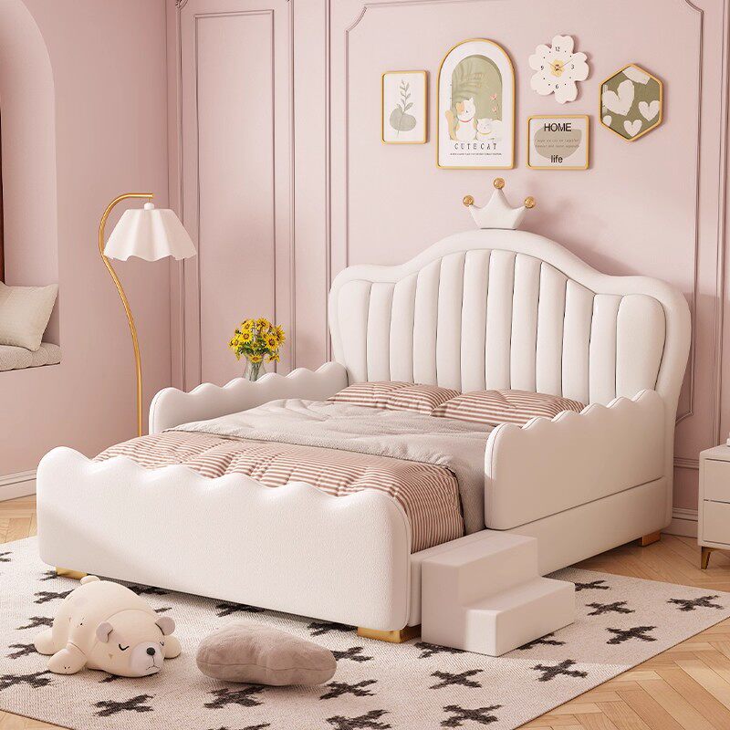公主儿童床女孩床1.35皇冠单人床带护栏白色奶油风青少年小房间床