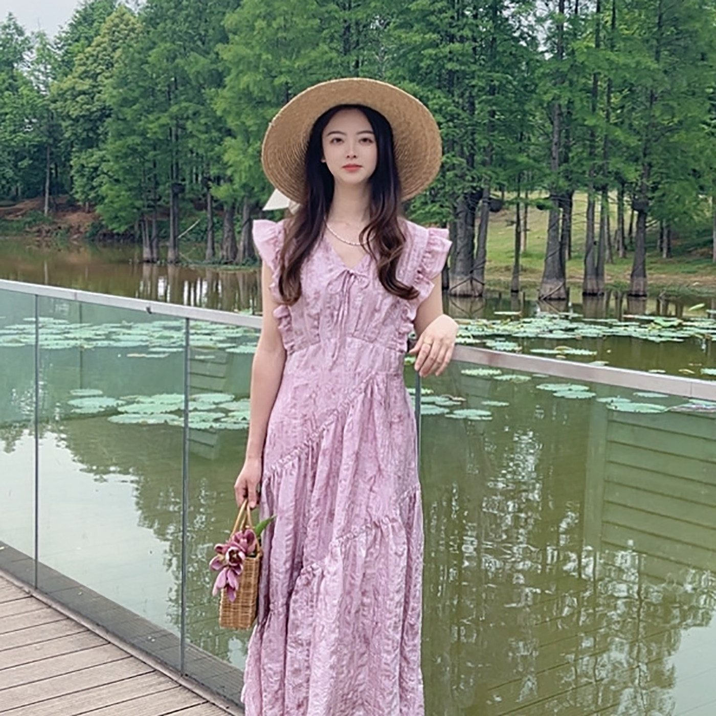 2025吉米赛欧茶歇绝美紫色碎花连衣裙女夏季新款法式收腰温柔长裙