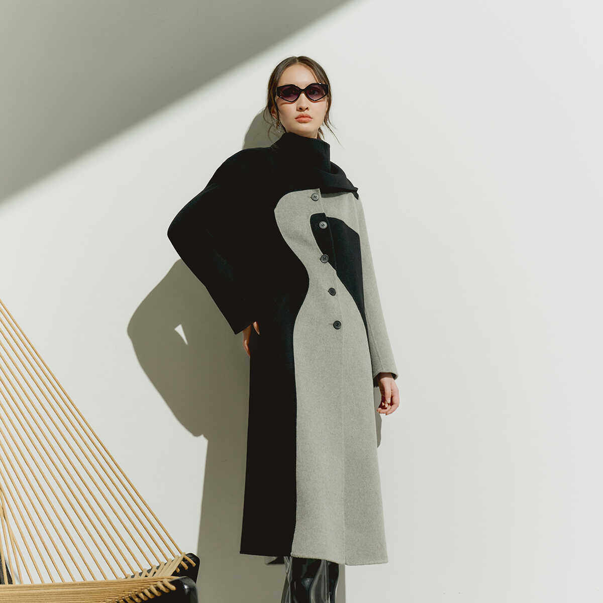 2025年吉米赛欧呢子外套女双面外套中长款宽松拼接拼色毛呢大衣