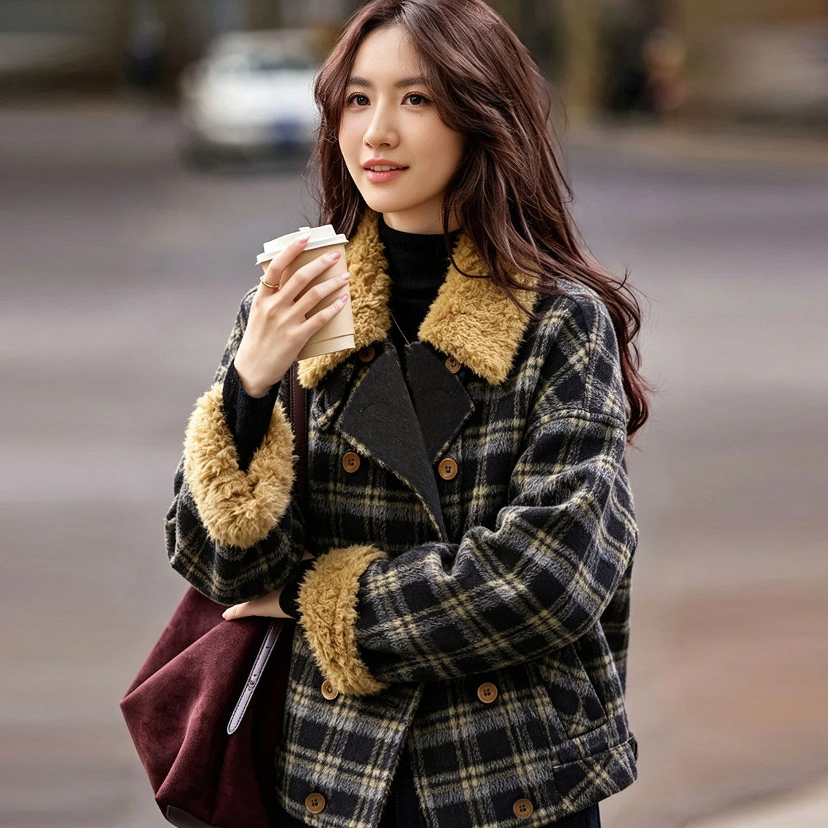 复古英伦短款绵羊毛呢外套女