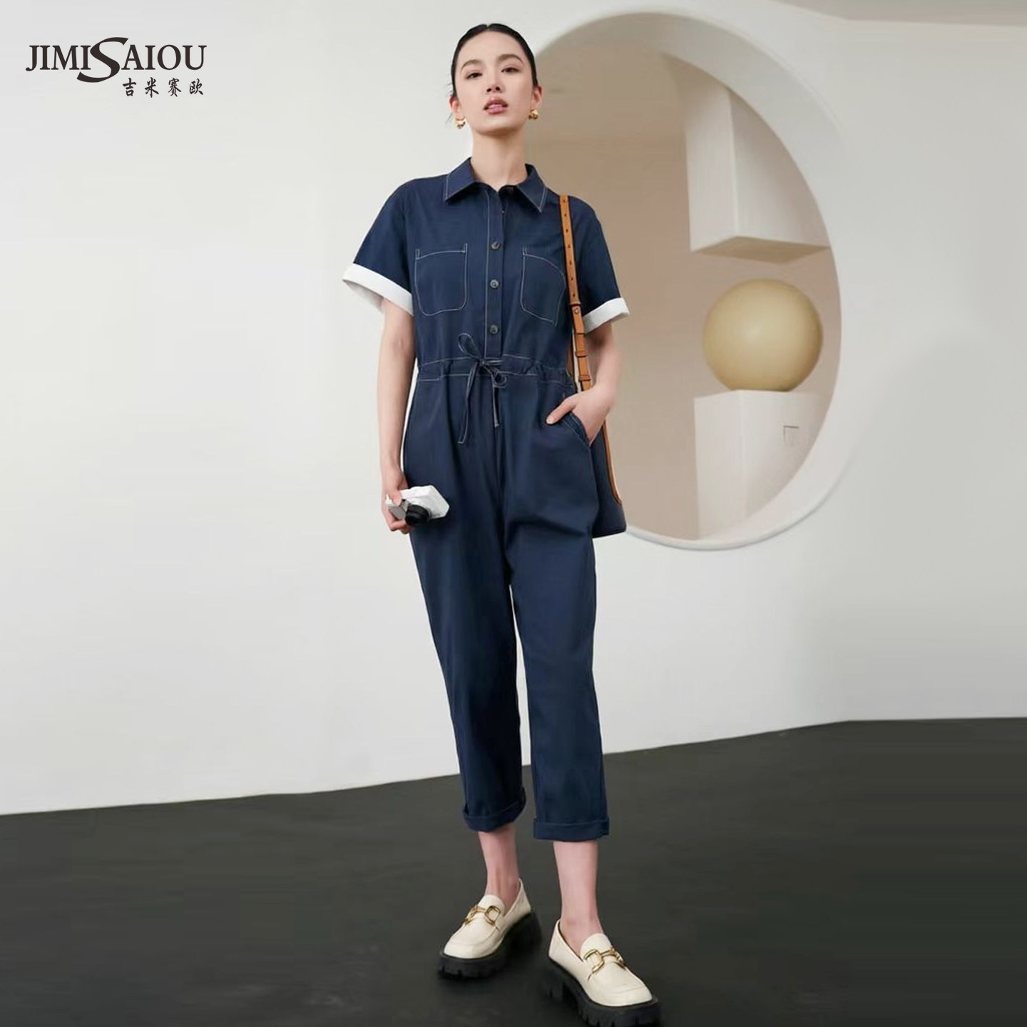 夏季通勤收腰高腰九分连体裤女短袖修身显瘦工装裤薄款九分裤腰带