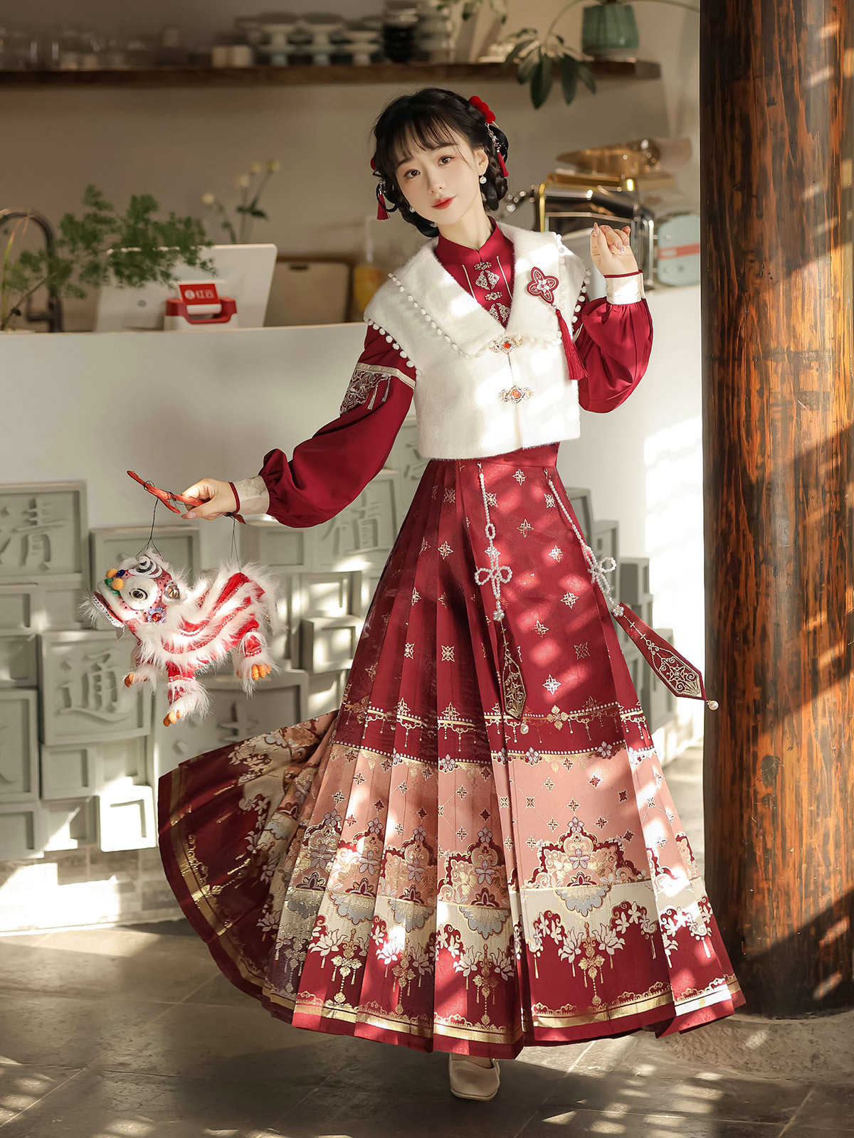 祥瑞原创明制汉服女改良中国风马甲衬衣马面裙过年拜年服套装秋冬