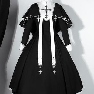 原创修道院修女lolita暗黑哥特风洛丽塔春秋冬长袖OP斗篷连衣裙
