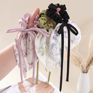 法式复古印花蝴蝶结飘带发圈女花朵长飘发绳新款百搭头绳头饰8*16