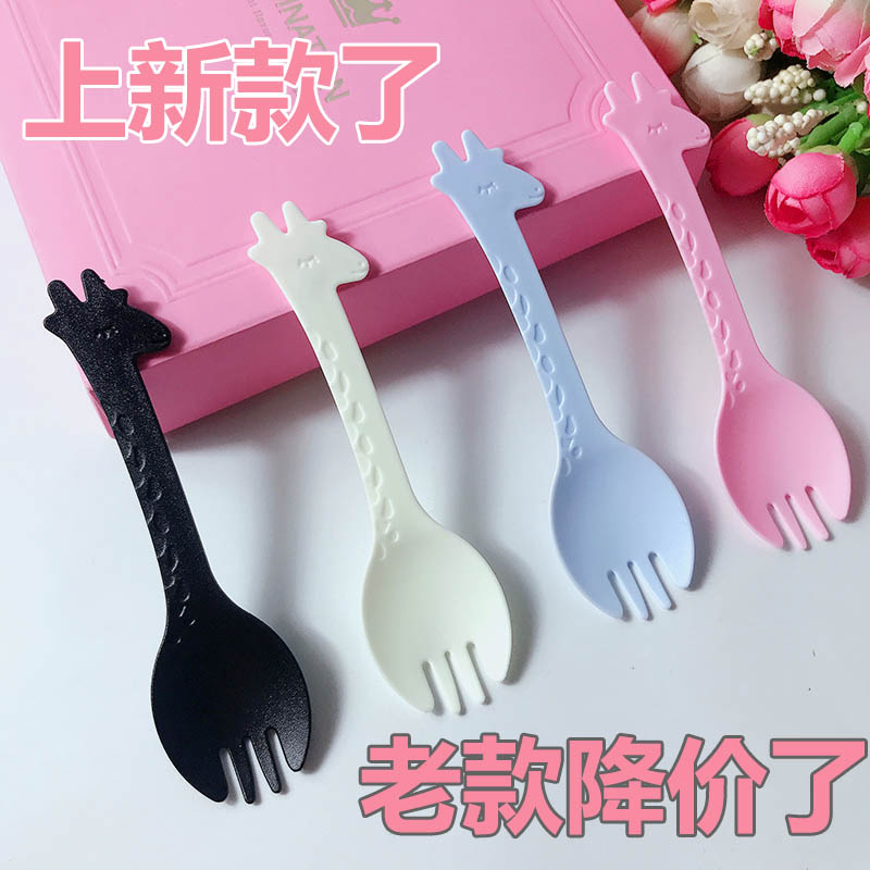 一次性叉勺单独包装 叉子勺子一体 卡通小鹿蛋糕甜品叉塑料水果叉