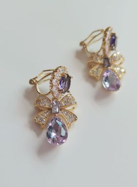 韩国知恩耳环秋冬款甜美紫色水晶蝴蝶结吊坠微镶耳钉耳夹无耳洞女