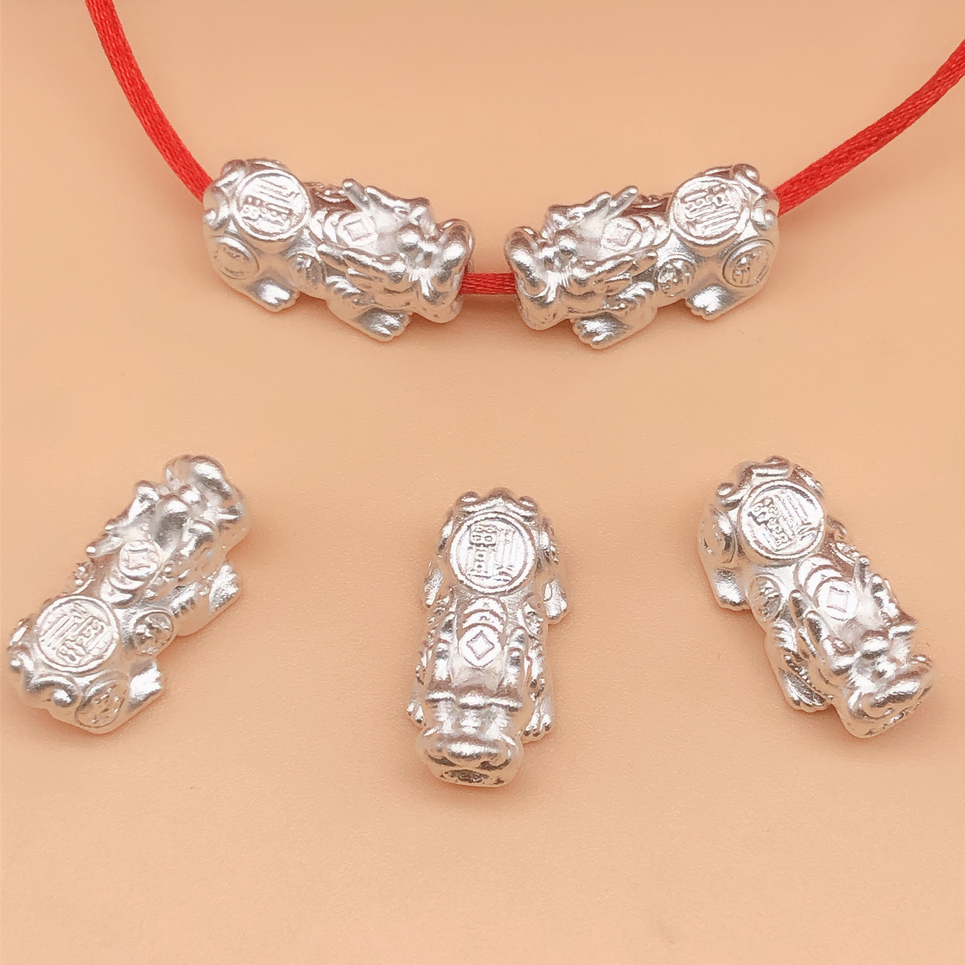 正品999纯银招财大貔貅红绳编绳手链3D硬银足银 diy配件饰品挂件