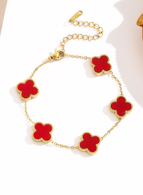 18k玫瑰金 不掉色网红时尚四叶草钛钢手链女贝壳潮个性设计手饰品