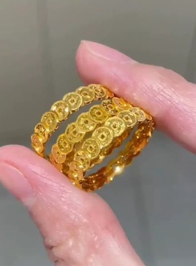 镀真金强保色古法沙金有钱必应岁岁多金铜钱纹戒指精致百搭
