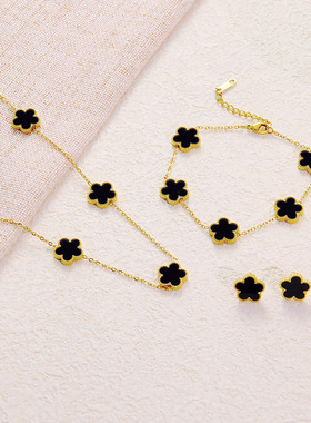 跨境爆款不锈钢五叶草项链手链耳钉三件套时尚幸运轻奢感饰品