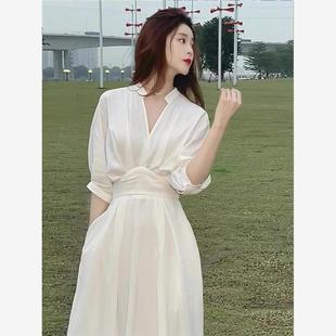 女夏气质名媛风别致惊艳高级感港味复古长裙子 白色连衣裙2025新款