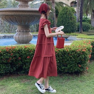 多巴胺獨(dú)特漂亮飛飛袖 紅色連衣裙女夏ins超火好看寬松蛋糕長裙子