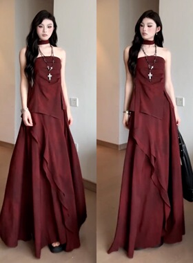 新中式红色一字肩抹胸连衣裙子女夏季2025新款气质感长裙套装