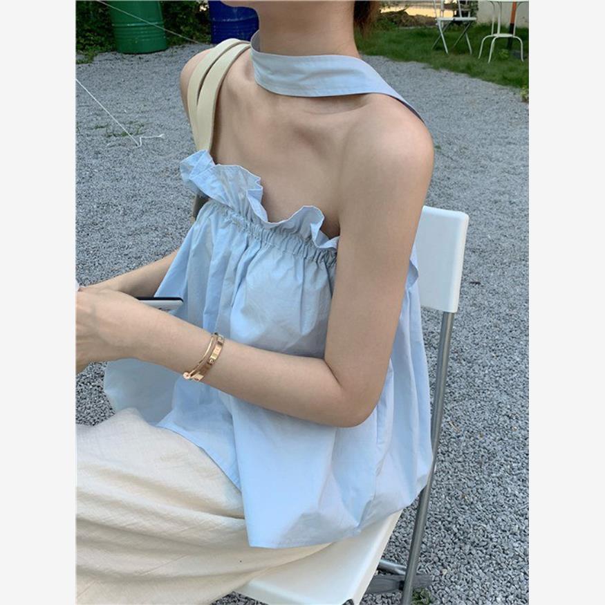 韩版甜美木耳边挂脖吊带背心女夏宽松褶皱减龄休闲高级感抹胸上衣