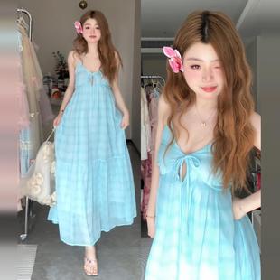蓝色挂脖吊带连衣裙子女夏季 气质海边度假风露背长裙 2025新款 法式