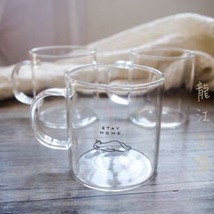 极简风躺平摆烂印花玻璃杯耐热咖啡杯子微波炉可用小恐龙猫咪水杯