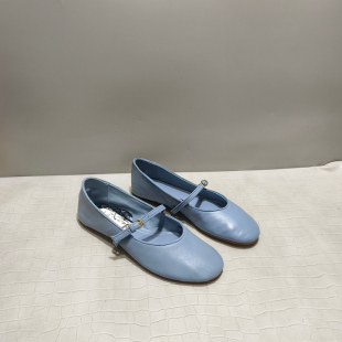 外贸原单2026春新浅蓝色圆头羊皮芭蕾鞋 女 真皮平底玛丽珍软底单鞋