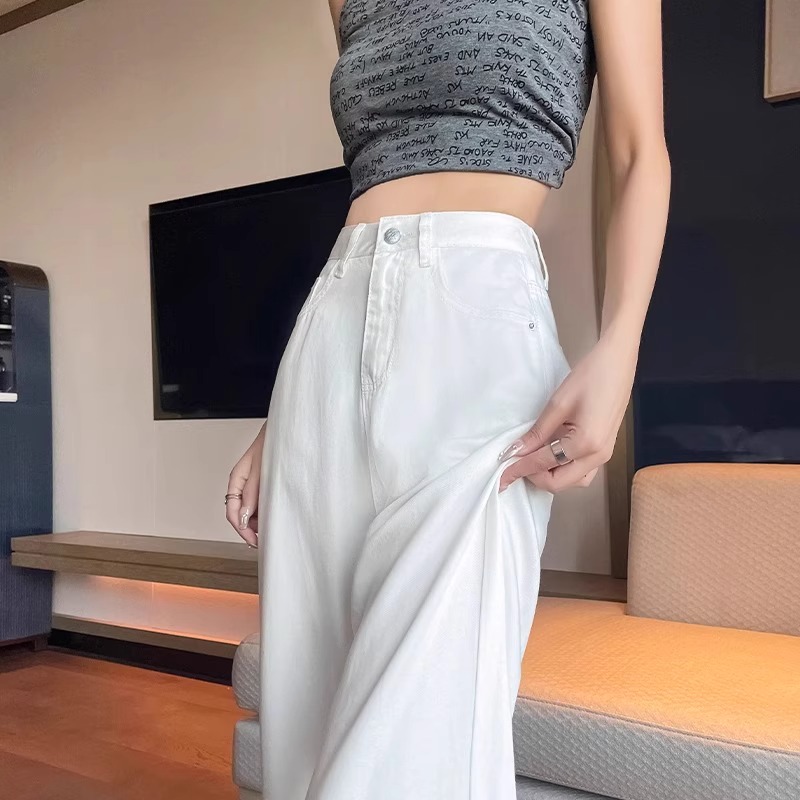 白色天丝阔腿牛仔裤女春秋2025新款夏季薄款高腰宽松凉感九分长裤