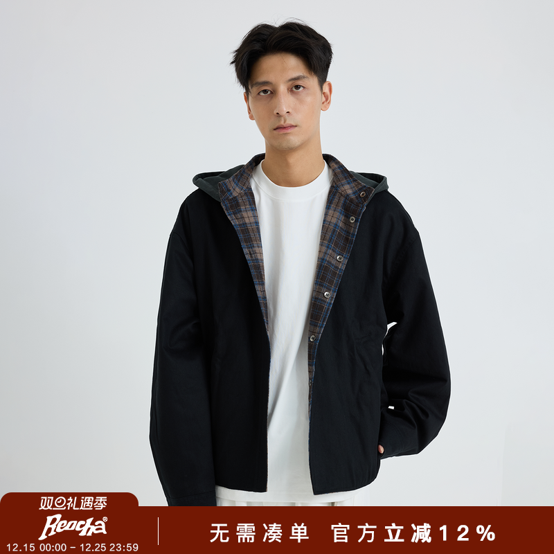 REOCHA热呈春秋日系双面穿撞色格子连帽外套宽松休闲潮牌情侣夹克