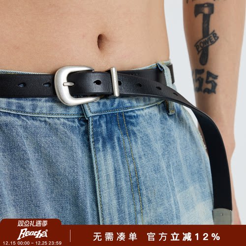 REOCHA热呈新款头层牛皮黑色银扣皮带