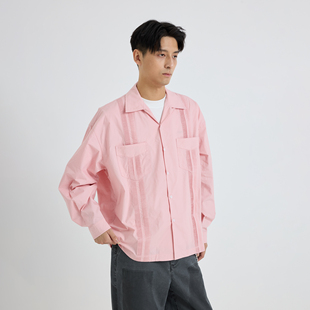 REOCHA热呈「古巴领」简约休闲复古纯色压褶长袖 男女 粉色衬衫