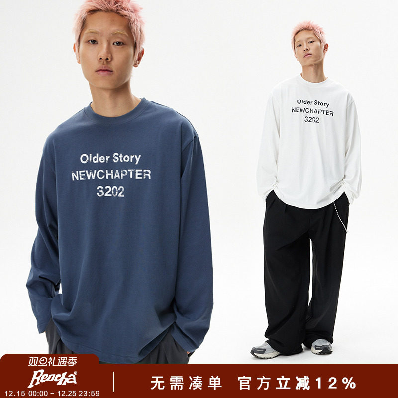 REOCHA热呈春秋复古标语印花圆领宽松打底上衣国潮情侣长袖T恤男