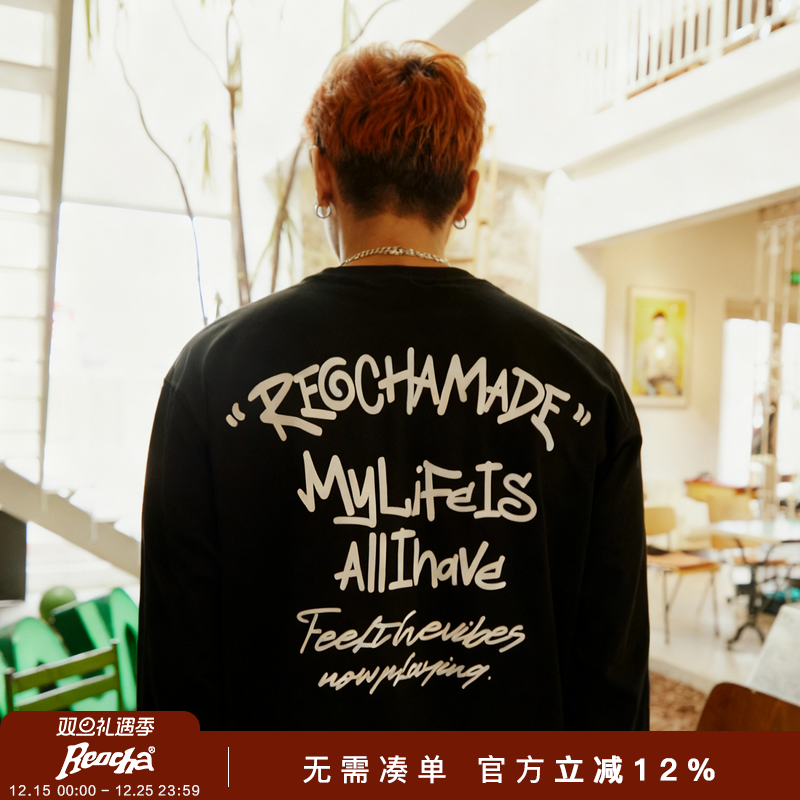 REOCHA热呈25AW纯棉重磅打底复古美式背后涂鸦印花长袖T恤男宽松