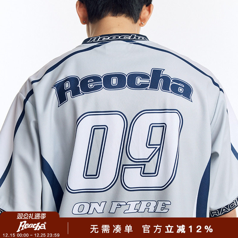 REOCHA热呈夏季新款美式撞色运动印花赛车短袖球衣足球服男