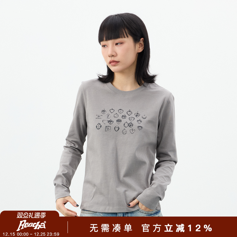 REOCHA热呈25修身简约日常通勤百搭吊坠印花打底长袖T恤打底女