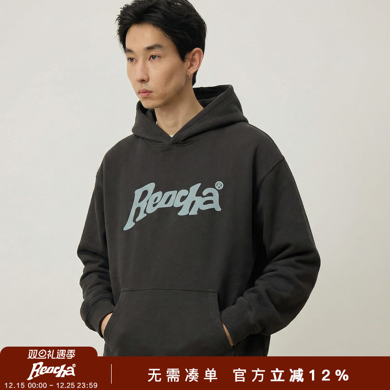 REOCHA热呈立体秋冬国潮潮牌logo印花重磅情侣连帽卫衣套头衫