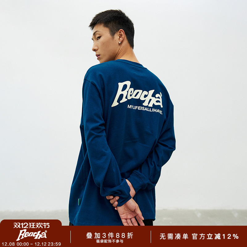 REOCHA热呈 LOGO印花长袖T恤男秋冬纯棉圆领情侣宽松潮牌打底上衣
