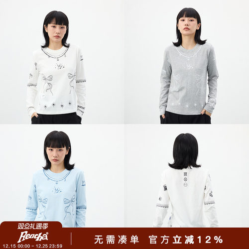 REOCHA热呈25新款修身休闲简约多元素蝴蝶结印花长袖T恤打底女