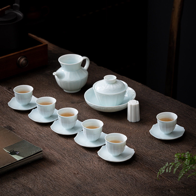 仿宋影青茶具套装 家用客厅青瓷功夫茶具盖碗茶壶茶杯整套礼盒装