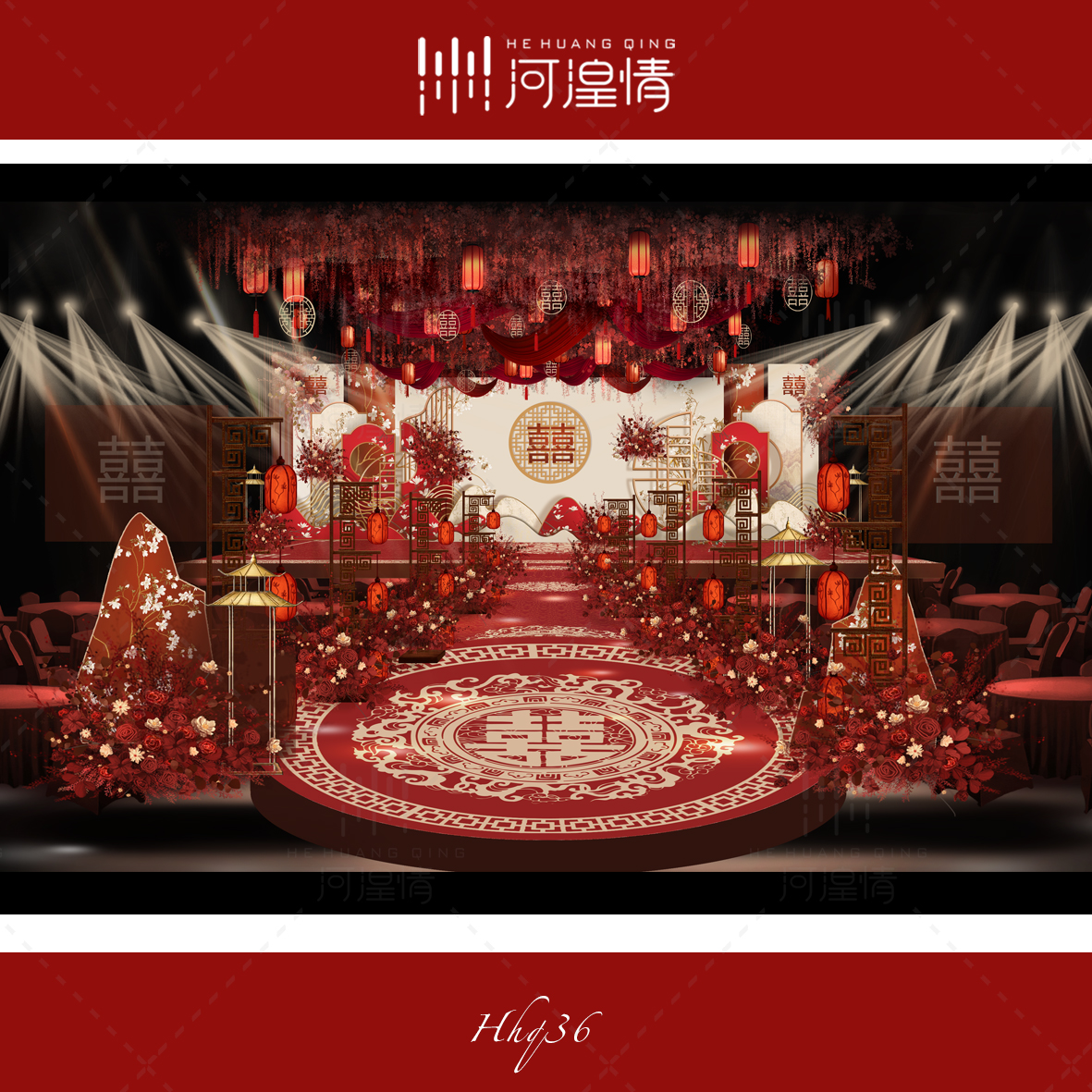 婚礼设计 小预算中式红色婚礼舞台背景效果图psd素材套装kt板制作
