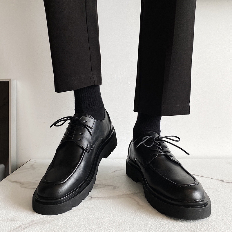 韩版厚底增高商务皮鞋男黑色真皮正装低帮休闲通勤上班皮鞋德比鞋