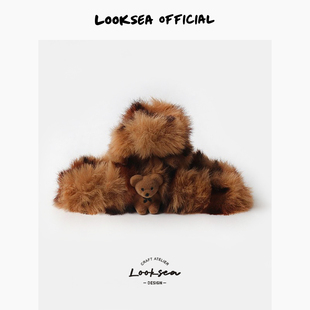 Looksea official秋冬豹纹毛绒抓夹软糯毛绒大抓夹女后脑勺鲨鱼夹