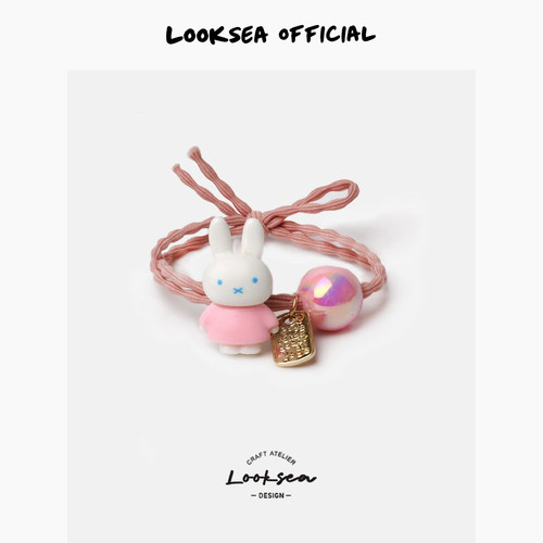 Looksea official卡通兔子小熊发圈格子布艺小肠圈女扎发头绳皮筋