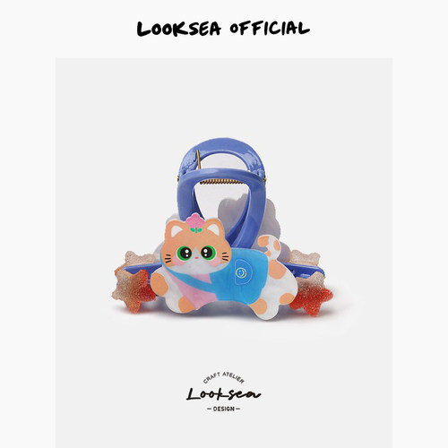 Looksea official韩系卡通亚克力小猫星星抓夹女后脑勺半扎鲨鱼夹