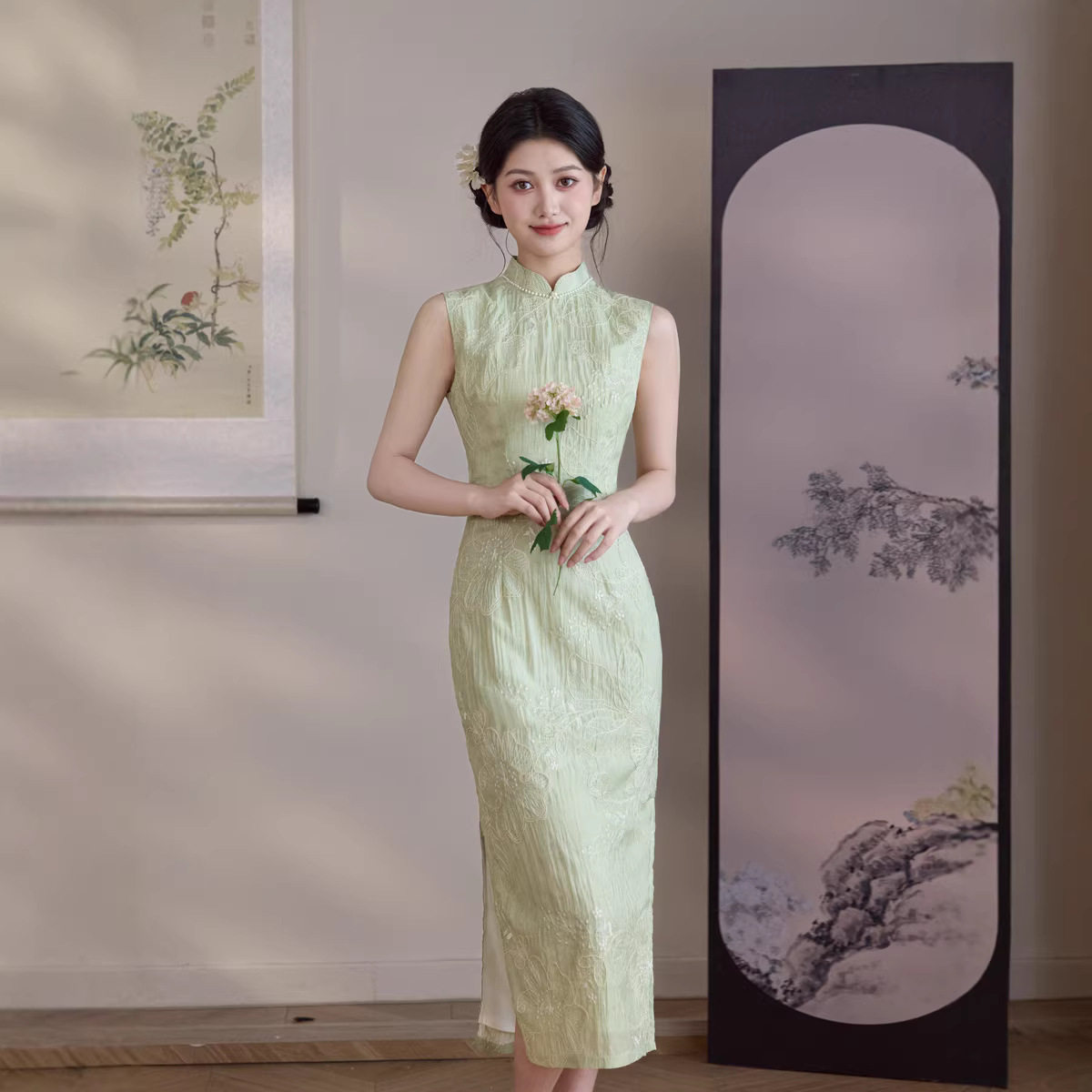 M嫩芽绿枝叶印花改良旗袍无袖禅意国风清雅温柔修身日常通勤长款