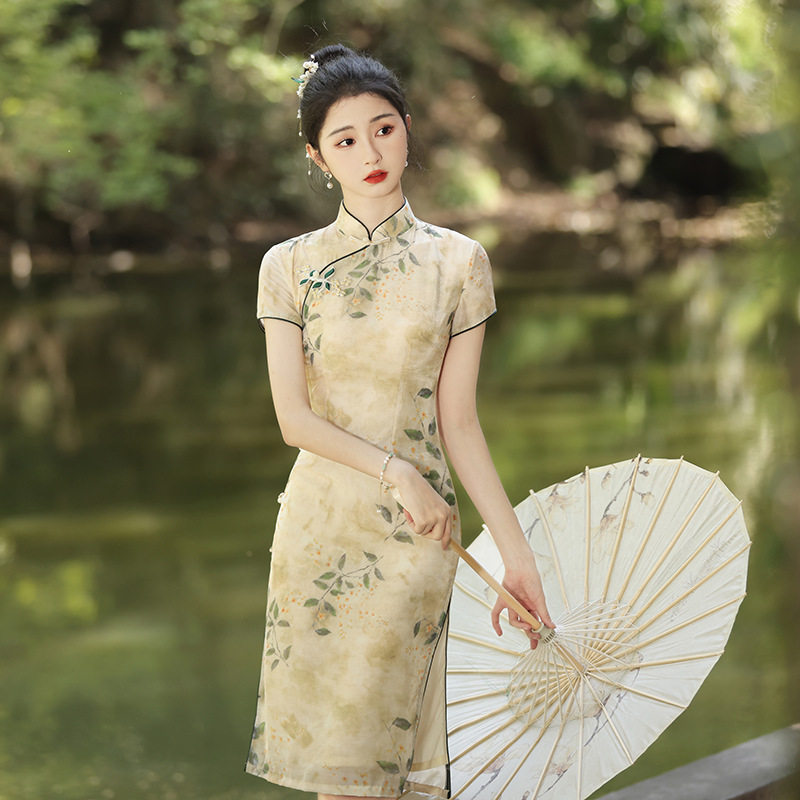 L2209黄色麻料小个子改良旗袍年轻款少女新中式国风送考日常春夏