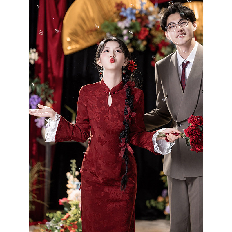 4301秋冬红色敬酒服结婚当天新娘便装订婚中式回门礼服长袖旗袍裙