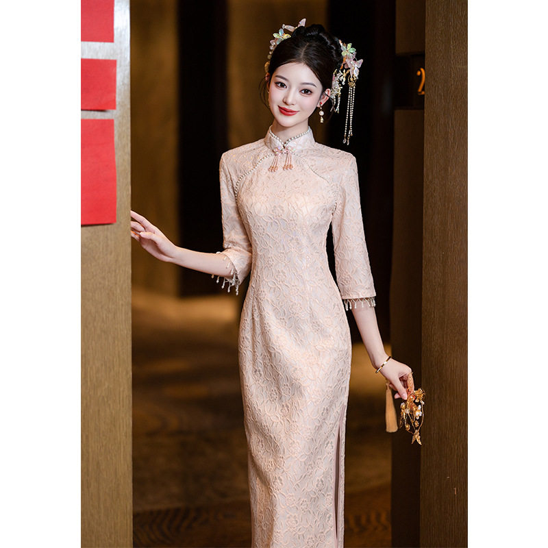 3045粉色新中式旗袍敬酒服新娘年轻款结婚订婚礼服裙高级感