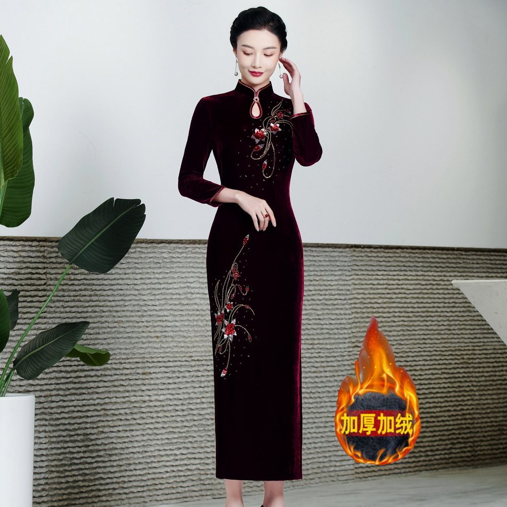 秋冬高档丝绒加绒加厚改良中式旗袍长款喜婆婆婚礼服敬酒服连衣裙