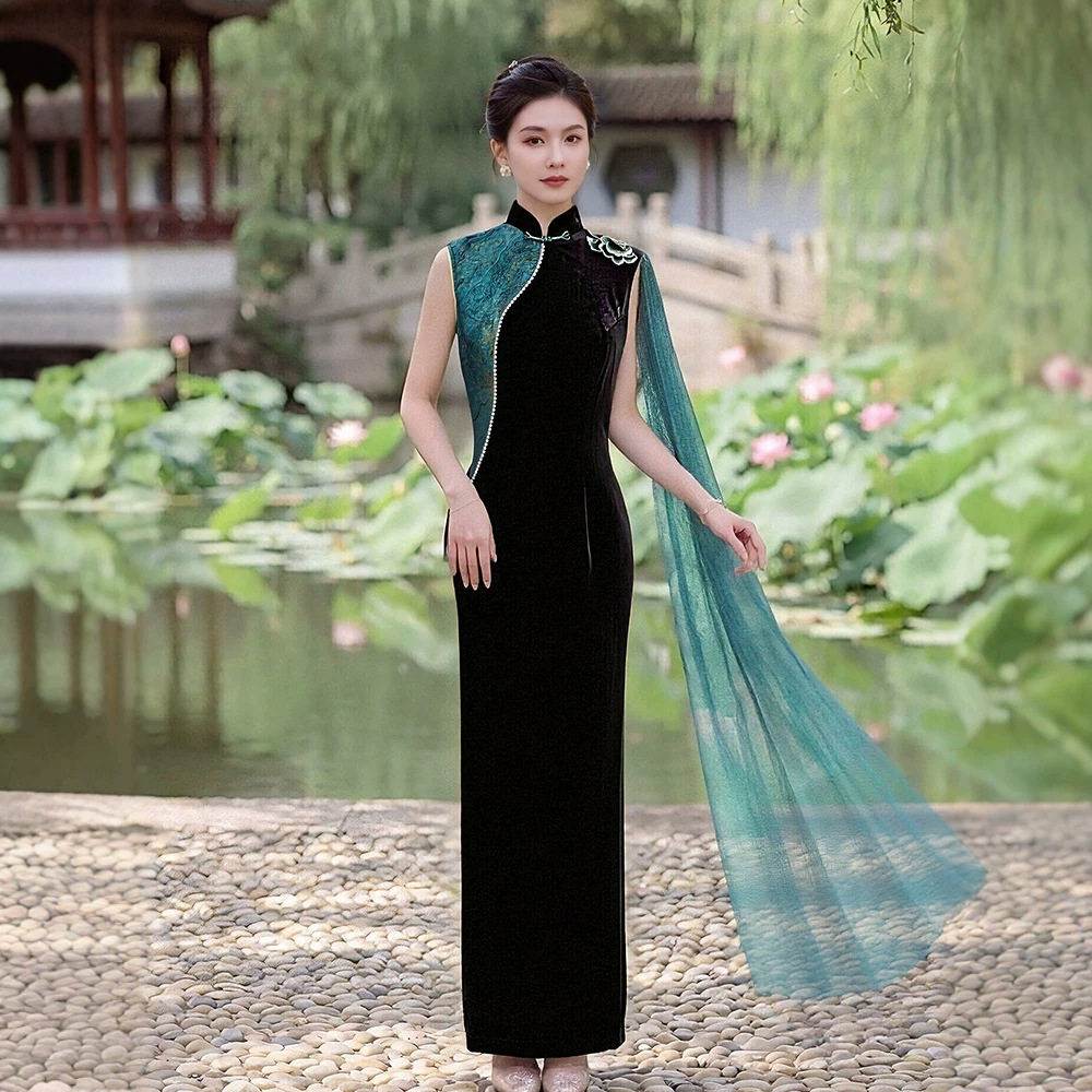 Y走秀旗袍年轻款舞台走秀演出服气质优雅复古超长款