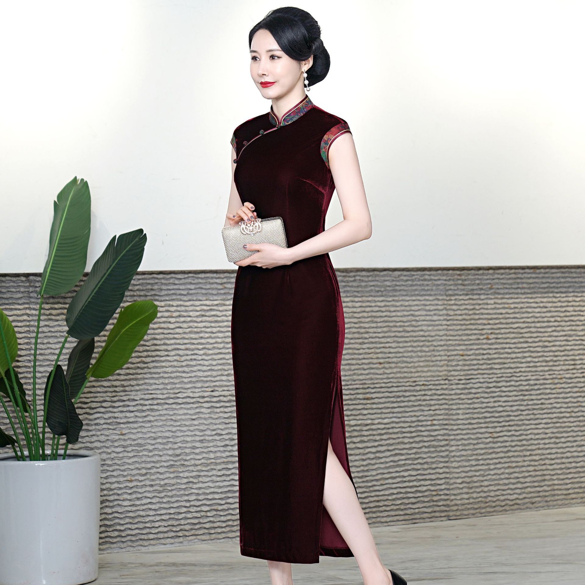 春夏秋高档丝绒拼接香云纱包肩袖喜婆婆结婚宴改良旗袍日常连衣裙