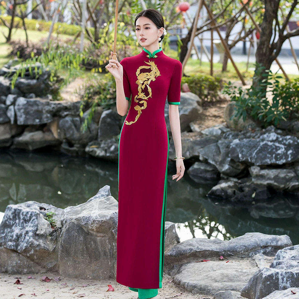 Y走秀旗袍改良中年妈妈奥戴旗袍加厚高弹舞台演出服2026新款