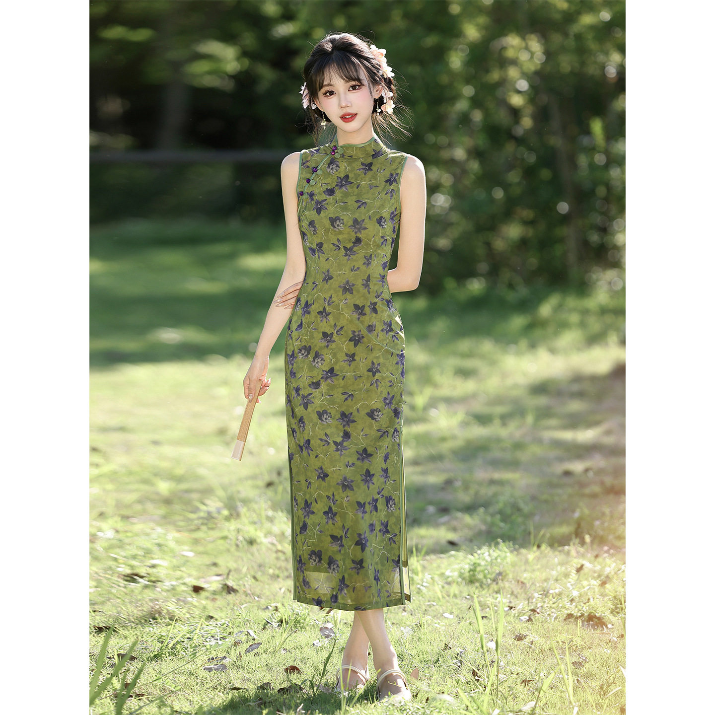 L新中式复古绿色无袖旗袍女2026夏季年轻款显瘦日常拍照出游